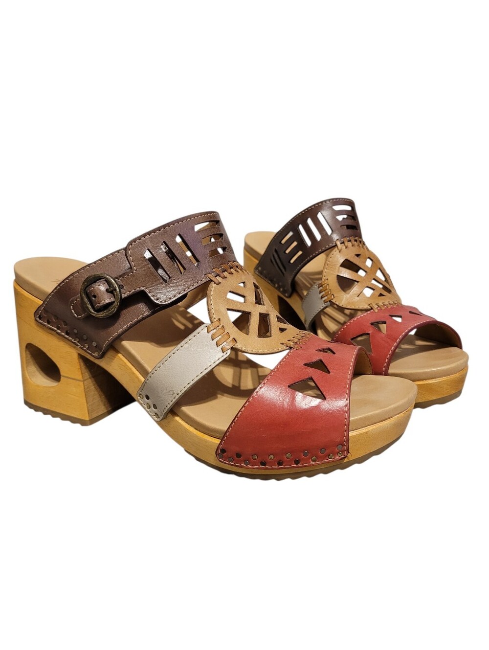 Dansko Oralee Colorblock Leather Sandals Wooden Block Heels Sz 10 Boho Clogs